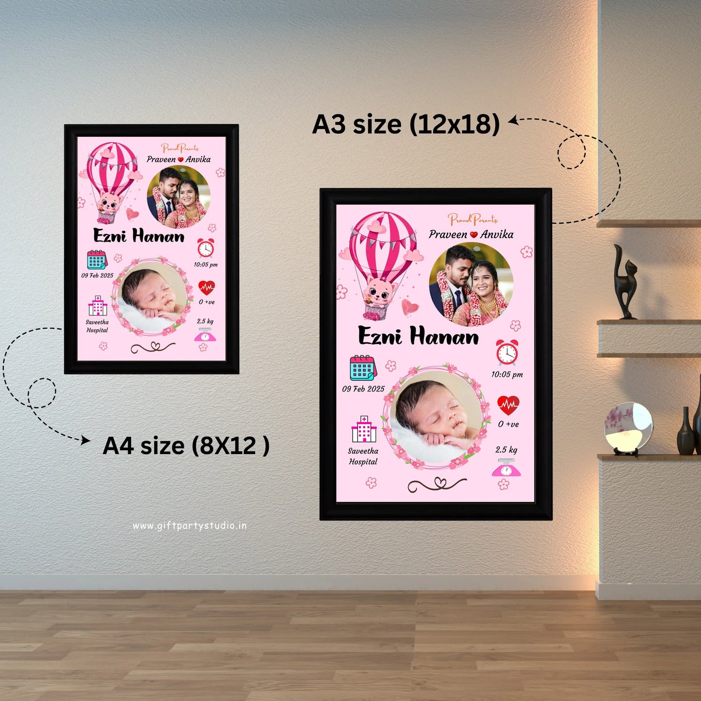 Baby Birth Frame - Design 6 "Celebrate your baby’s arrival with our personalized Baby Birth Frames! Customizable with name, birth date, and more. A perfect keepsake to cherish precious moments forever. Order now and create timeless memories!"