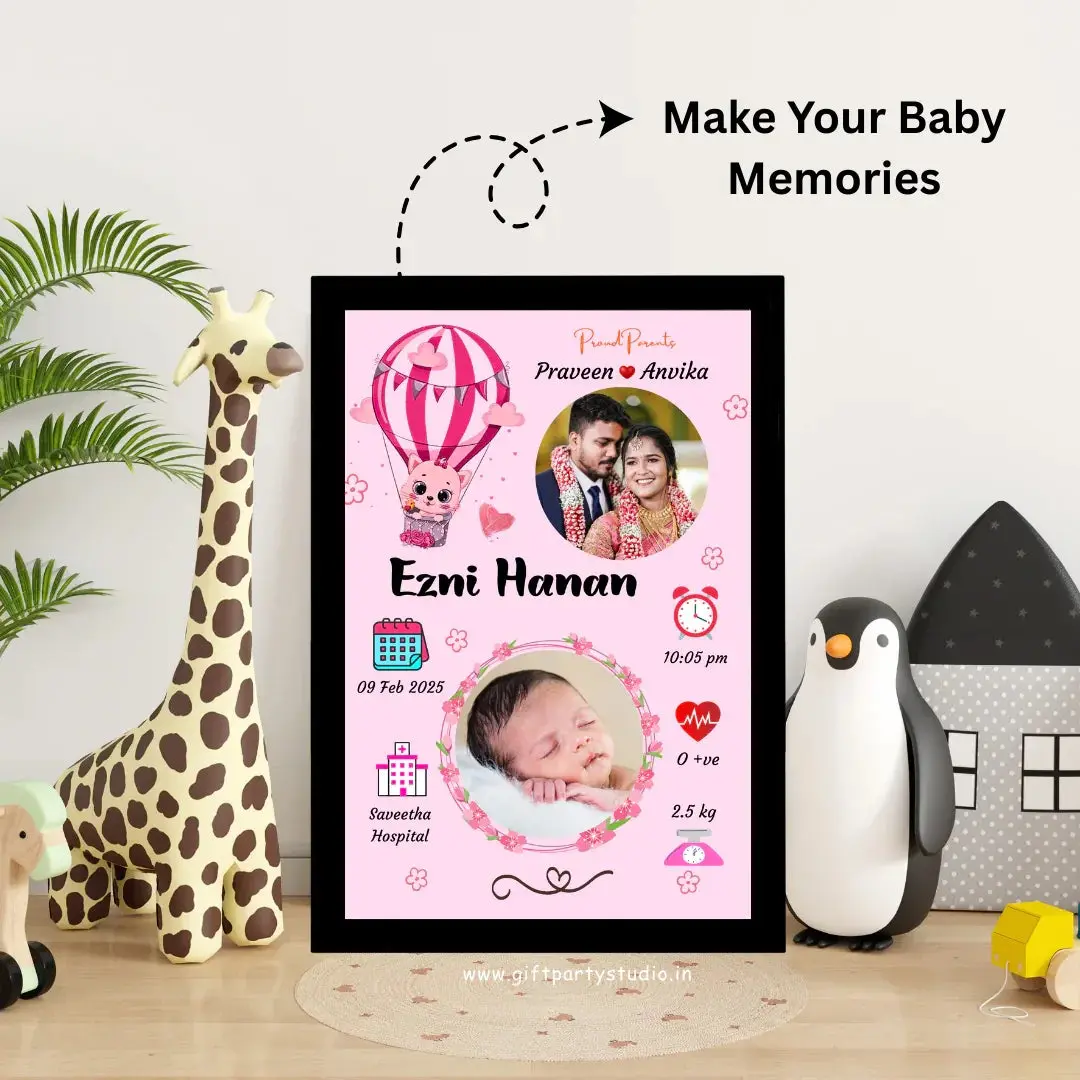 Baby Birth Frame "Celebrate your baby’s arrival with our personalized Baby Birth Frames! Customizable with name, birth date, and more. A perfect keepsake to cherish precious moments forever. Order now and create timeless memories!"