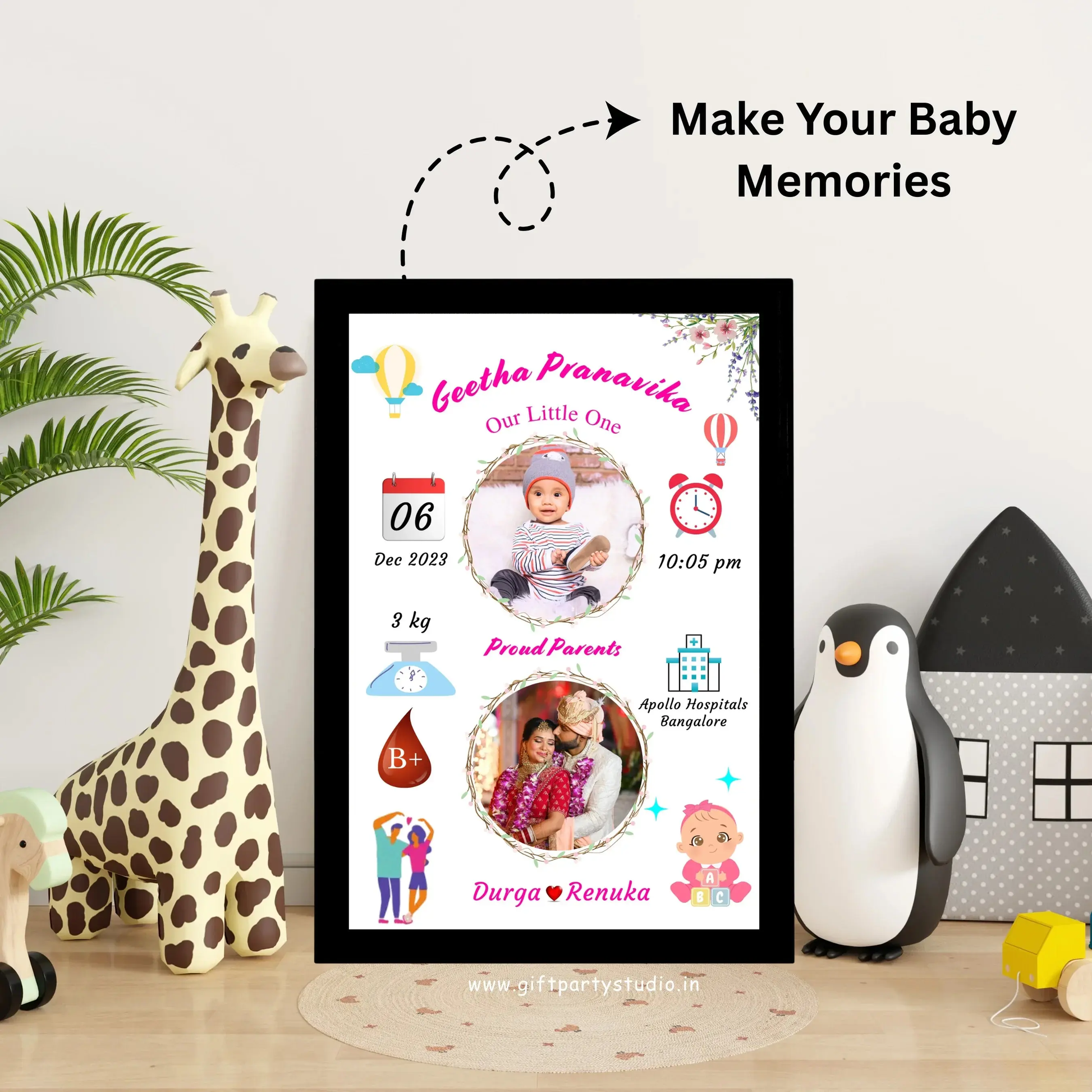 Baby Birth Frame "Celebrate your baby’s arrival with our personalized Baby Birth Frames! Customizable with name, birth date, and more. A perfect keepsake to cherish precious moments forever. Order now and create timeless memories!"