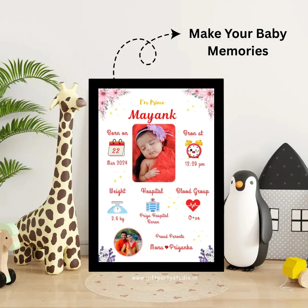 Baby Birth Frame "Celebrate your baby’s arrival with our personalized Baby Birth Frames! Customizable with name, birth date, and more. A perfect keepsake to cherish precious moments forever. Order now and create timeless memories!"